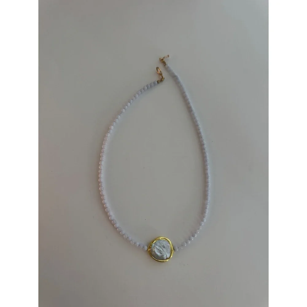 Baroque Pearl Beaded Necklace Lavender Blue Stone Toggle Clasp Gold Tone Bezel